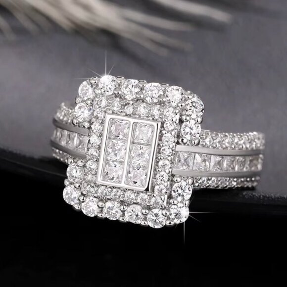 18k White Gold Diamond Ring Pave Diamond Princess Cut Ring - Picture 4 of 10